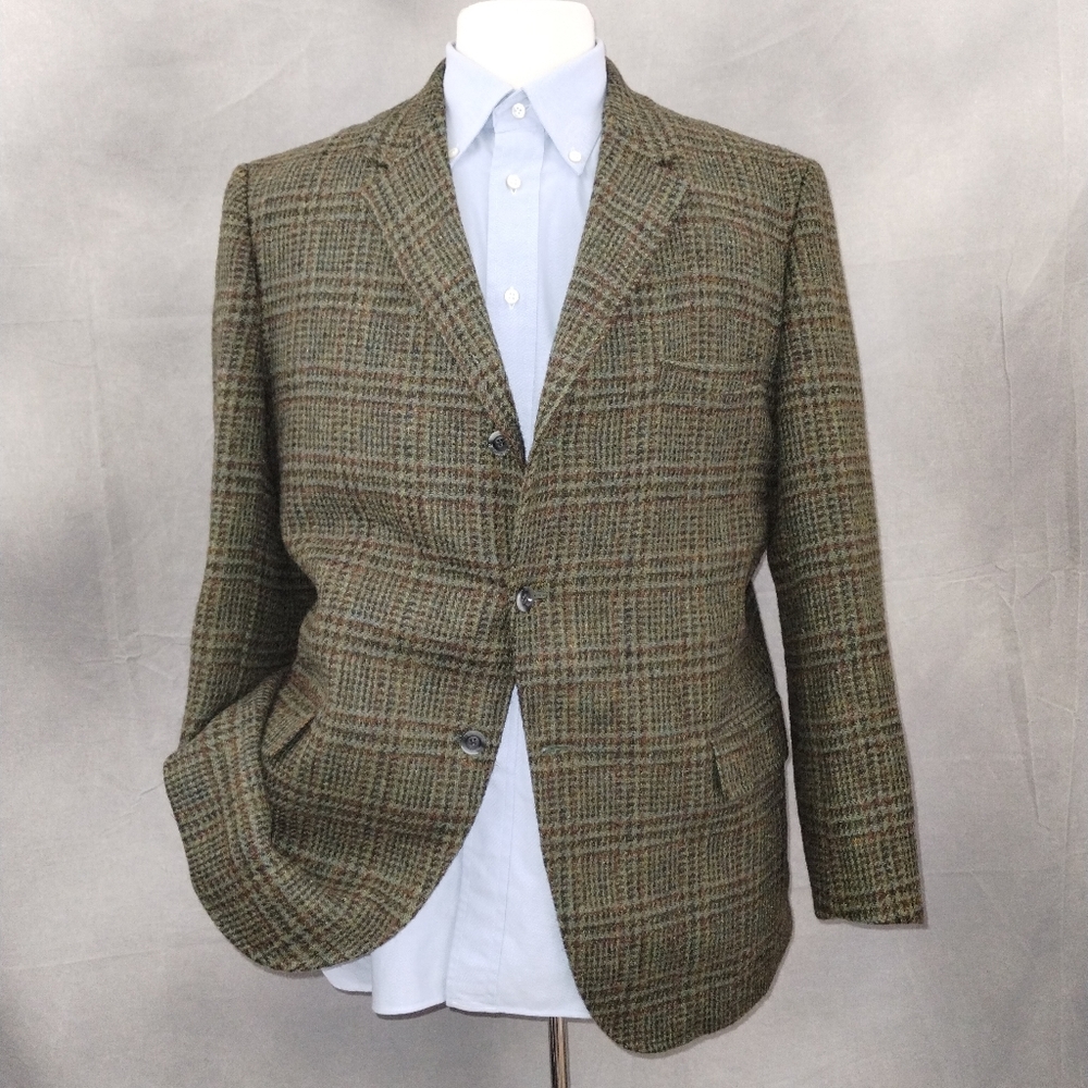 Vintage 1960s Harris Tweed Mens Sport Coat Green Plaid Tweed Jacket Size 42R - Picture 3 of 7